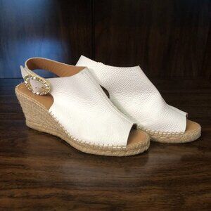 Maypol White Leather Platform Wedge Espadrille Rhinestone Buckle Peep Toe 41 EU